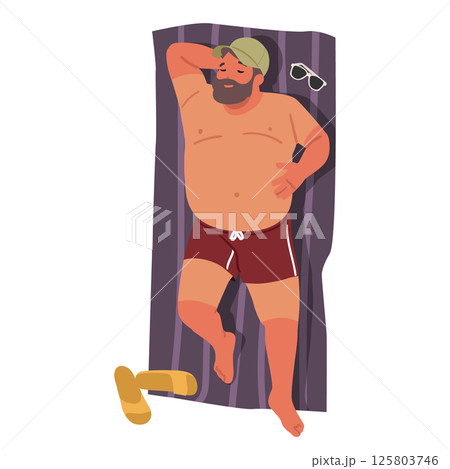Relaxed couple tourists cartoon characters sunbathing on beach during summer vacation time Relaxed couple tourists cartoon characters sunbathing on beach during summer vacation time 125803746