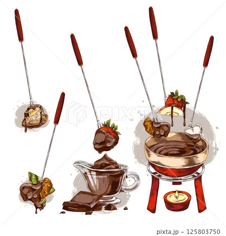 Berries and pieces of fruit with melted dark chocolate on skewer hand drawn vector set, candle with fondue bowl sketch 125803750