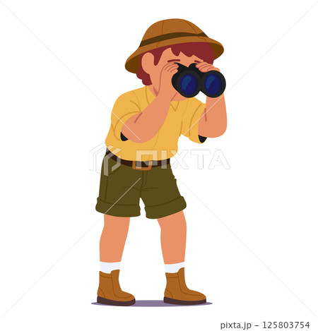 Curious boy scout cartoon character in uniform watching through binocular isolated on white Curious boy scout cartoon character in uniform watching through binocular isolated on white 125803754