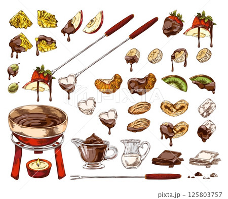 Fondue hand drawn vector set, berries and fruit pieces with melted chocolate, candle with fondue bowl and skewer sketch 125803757