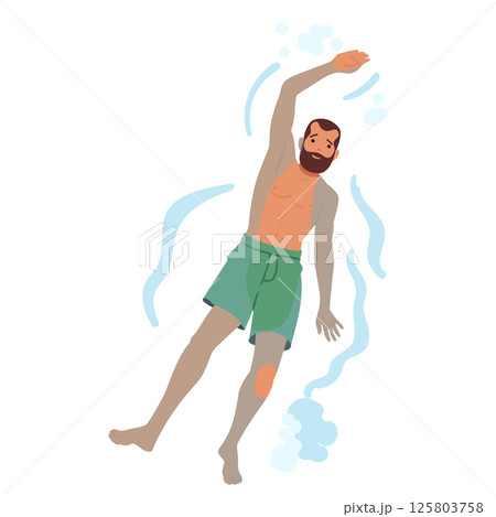 Young guy tourist cartoon character enjoying backstroke floating in sea waves aerial top view 125803758