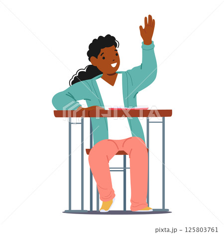 Active African American schoolgirl cartoon character raising hand up while sitting at desk 125803761