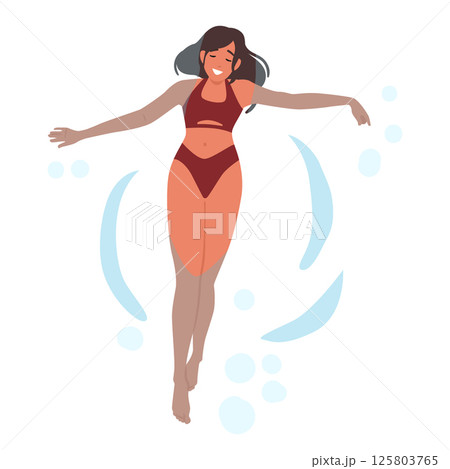 Happy relaxed backstroke swimming young woman cartoon character in sea ocean water wave top view Happy relaxed backstroke swimming young woman cartoon character in sea ocean water wave top view 125803765