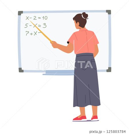 Woman teacher standing at blackboard explaining math subject for students isolated on white Woman teacher standing at blackboard explaining math subject for students isolated on white 125803784