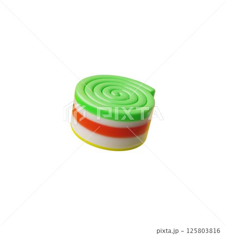 Stripe roll chewy jelly gummy 3D vector icon, cartoon sweet candy dessert, volume bright tape marmalade confectionery 125803816