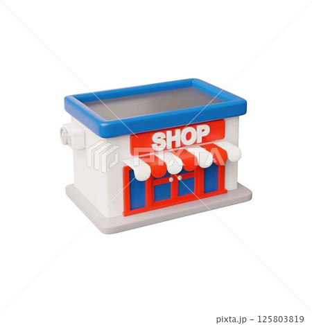 Shop building 3D plastic cartoon style vector icon, isometric house construction with red striped canopy and signboard 125803819