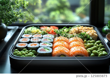 Homemade Bento lunch box. Japanese style bento box featuring sushi rolls, edamame, tamagoyaki and pickled vegetables. 125803873