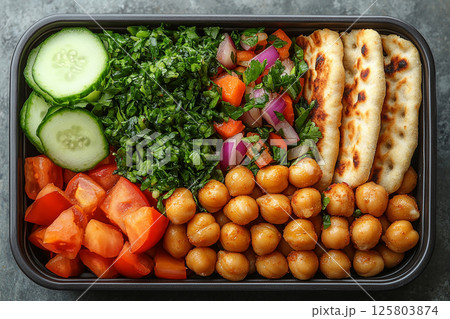 Plant based lunch box with hummus, roasted chickpeas, fresh veggie sticks and whole wheat pita bread on. 125803874