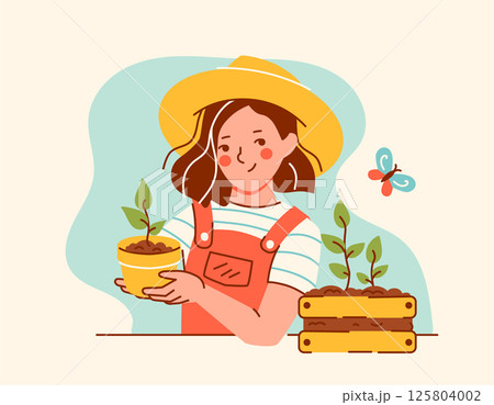 Smiling young female gardener holding seedlings in flower pots. Eco gardening, planting hobby, and spring farming. Concept in cute flat vector style for eco, nature, and organic themes 125804002