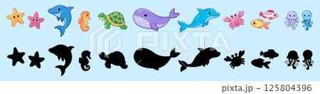 A set of illustrations and silhouettes of marine animals. Vector elements of marine inhabitants. 125804396