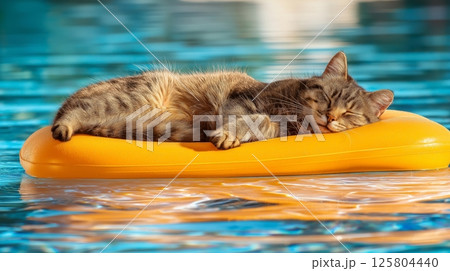 Lazy cat sleeping on a floating air mattress in a pool, sunny summer day, 125804440