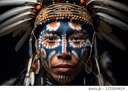 Portrait showcasing the rich heritage of indigenous culture. Man adorned with traditional 125804624