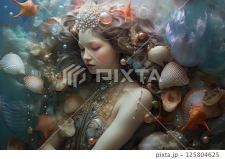 Mermaid in blue ocean with long blonde hair adorned with crown of shells and pearls, wearing blue 125804625