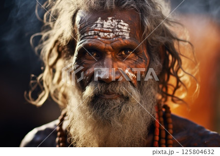 Portrait showcasing the rich heritage of Australian Aboriginal indigenous culture. Man adorned with 125804632