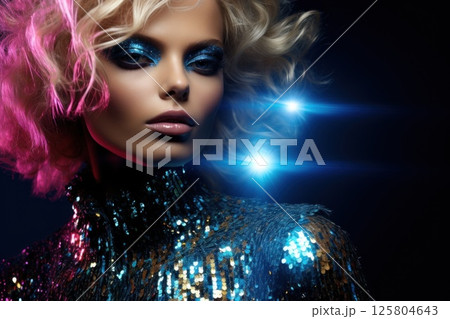 Glamorous woman in gold sequin dress poses against black background with gold sparkles, mysterious 125804643