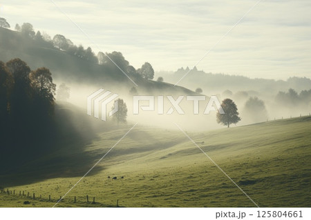 Serene and peaceful landscape with foggy hills and mountains in background. Green grass and trees in 125804661