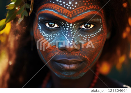 Portrait showcasing the rich heritage of Australian Aboriginal indigenous culture. Woman adorned 125804664