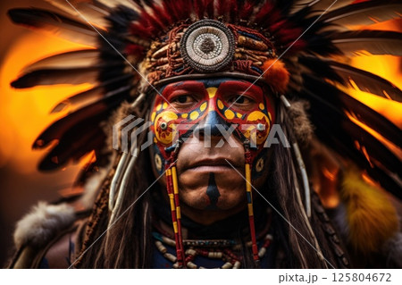 Portrait showcasing the rich heritage of indigenous culture. Man adorned with traditional 125804672