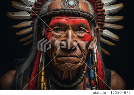 Portrait capturing the essence of indigenous culture. Man adorned with traditional feathered 125804673