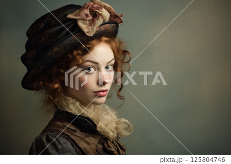 Historical portrait of woman wearing black hat with pink flower on it, woman has curly hair and is 125804746