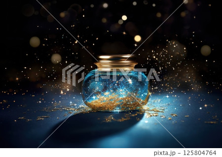 Mystical photo of glass jar with metal clasp on wooden table filled with gold glitter and stars 125804764