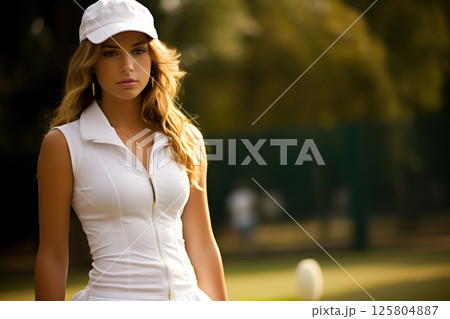 Tennis woman player getting ready for match at rich country club, sporty and energetic 125804887