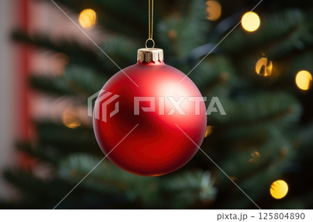 Red Christmas bauble on green pine tree, sparkling bokeh lights on background, magical, cozy and Red Christmas bauble on green pine tree, sparkling bokeh lights on background, magical, cozy and 125804890