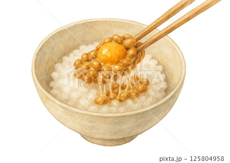 納豆卵かけごはんを箸ですくう水彩イラスト｜ご飯の上の納豆と卵黄（白背景） 125804958