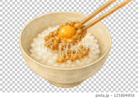 納豆卵かけごはんを箸ですくう水彩イラスト｜ご飯の上の納豆と卵黄（白背景） 125804958