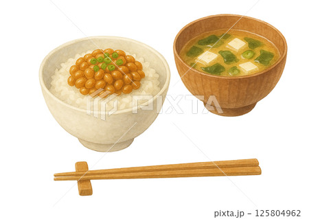 納豆ごはんと味噌汁の朝食セット｜水彩イラスト・和食・白背景 125804962