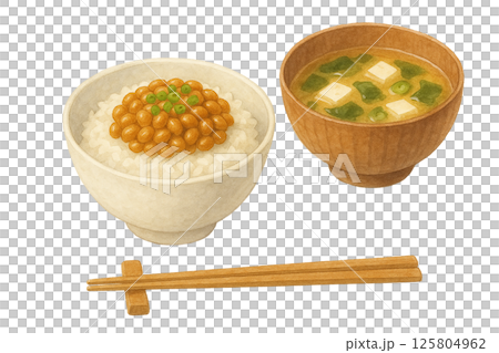 納豆ごはんと味噌汁の朝食セット｜水彩イラスト・和食・白背景 125804962