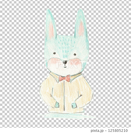 Cute colored pencil hand drawn blue rabbit boy with pink cheeks in yellow shirt. Childish crayon sketch birthday illustration with cheerful hare for greeting card design, invitation, sticker Cute colored pencil hand drawn blue rabbit boy with pink cheeks in yellow shirt. Childish crayon sketch birthday illustration with cheerful hare for greeting card design, invitation, sticker 125805210