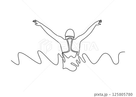 Single continuous line drawing back view female swimmer wearing cap doing butterfly stroke in swimming pool. Active woman, technique, fitness, water sport. One line graphic design vector illustration Single continuous line drawing back view female swimmer wearing cap doing butterfly stroke in swimming pool. Active woman, technique, fitness, water sport. One line graphic design vector illustration 125805780