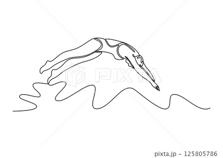 Single one line drawing beauty female swimmer with swimsuit and cap jumping into water. Sportswoman swimmer prepares to dive into swimming pool. Continuous line draw design graphic vector illustration Single one line drawing beauty female swimmer with swimsuit and cap jumping into water. Sportswoman swimmer prepares to dive into swimming pool. Continuous line draw design graphic vector illustration 125805786