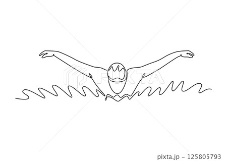 Continuous one line drawing male swimmer wearing cap doing butterfly stroke in swimming pool. Fitness, workout and person exercise for health, wellness. Single line design vector graphic illustration 125805793