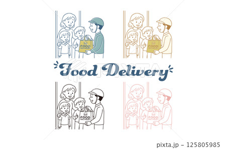 玄関でフードデリバリーを受け取る家族 玄関でフードデリバリーを受け取る家族 125805985