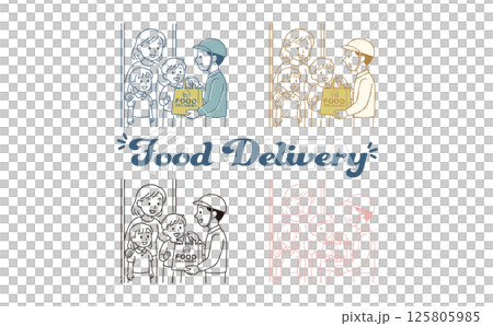 一家人在家門口接收送來的食物 125805985