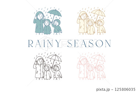 雨具を着て傘をさしている家族 125806035