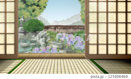 和室から紫陽花が咲く和風の庭が見えるイラスト 和室から紫陽花が咲く和風の庭が見えるイラスト 125806469