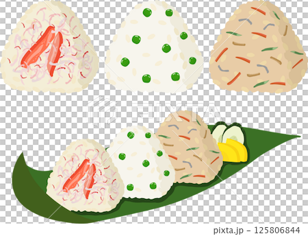 Crab rice, bean rice, and mixed rice onigiri set 125806844