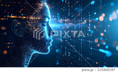 luminous profile of human figure is depicted, composed of glowing particles and digital elements, radiating beams of light in futuristic setting. image evokes sense of innovation and technology luminous profile of human figure is depicted, composed of glowing particles and digital elements, radiating beams of light in futuristic setting. image evokes sense of innovation and technology 125808197