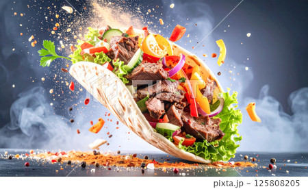 Juicy grilled beef and colorful vegetables bursting from pita bread create vibrant and appetizing scene, enhanced by spices and smoke, evoking sense of flavor and excitement 125808205