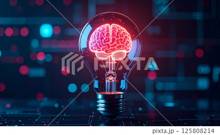glowing light bulb symbolizes innovation, featuring digital brain inside, representing creativity and technology in modern setting. This evokes sense of inspiration and futuristic thinking glowing light bulb symbolizes innovation, featuring digital brain inside, representing creativity and technology in modern setting. This evokes sense of inspiration and futuristic thinking 125808214