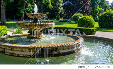 beautiful ornate stone fountain with multiple tiers, featuring clear water gently flowing down, surrounded by lush greenery and vibrant flowers, creating serene atmosphere 125808220