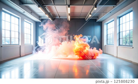 vibrant display of firefly red smoke billows across modern, spacious room with large windows, creating dramatic contrast against sleek, minimalist design. atmosphere is filled with energy 125808230