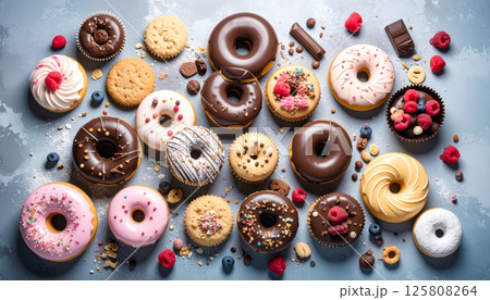 Delightful assortment of sweet treats including frosted donuts, chocolate tarts, and colorful cupcakes, perfect for any dessert lover celebration 125808264
