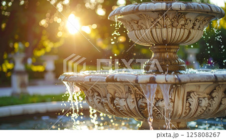 vintage architectural water fountain with detailed sculpting, sparkling streams of water glistening in sunlight, creating serene and tranquil atmosphere vintage architectural water fountain with detailed sculpting, sparkling streams of water glistening in sunlight, creating serene and tranquil atmosphere 125808267