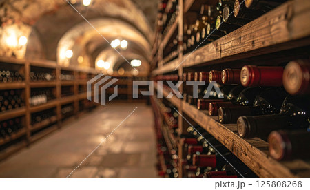 vintage wine cellar filled with diverse bottles lined up on rustic wooden racks, creating warm and inviting atmosphere perfect for wine enthusiasts 125808268