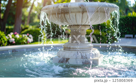 Elegant classical marble fountain with cascading water streams creates serene atmosphere in lush garden. sunlight enhances beauty of water, inviting tranquility Elegant classical marble fountain with cascading water streams creates serene atmosphere in lush garden. sunlight enhances beauty of water, inviting tranquility 125808369