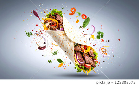 Delicious beef kebab wrap bursting with tender meat slices, fresh greens, and vibrant spices, creating explosion of flavor and color that tantalizes senses 125808375